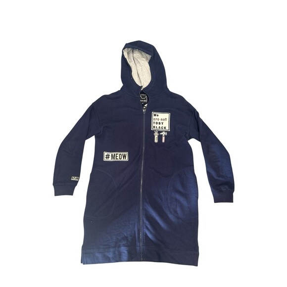 TOBY BLACK Navy Longline Zip-Up Hoodie Dress #MEOW Graphic Patch Sweatshirt M - Picture 2 of 12